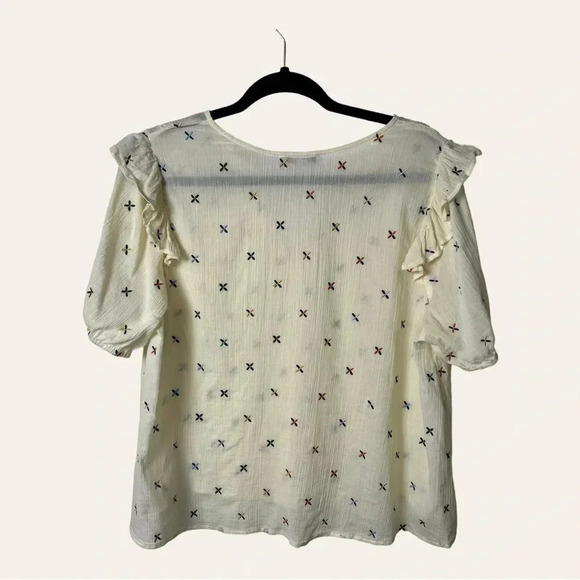 0458W. MADEWELL SHORT SLEEVE BLOUSE WITH EMBROIDERY‎ CREAM IN COLOR RUFFLES - Picture 7 of 10